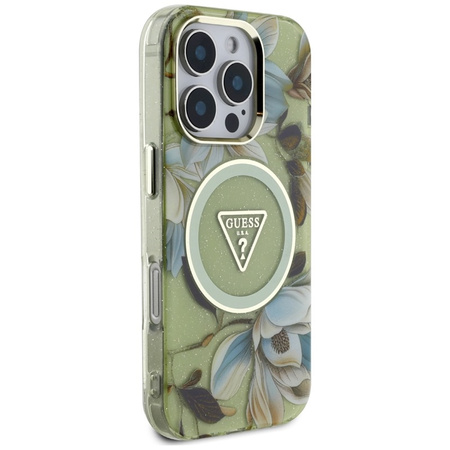 Guess Glitter Flowers Triangle Buttons MagSafe - Etui do iPhone 16 Pro (zielony) (GUHMP16LHFLPEDN)