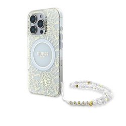 Guess IML Flowers Allover Electro With Pearl Strap MagSafe - Etui iPhone 16 Pro (biały) (GUHMP16LHCPOFPH)
