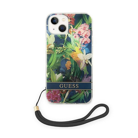 Guess Flower Cord - Etui ze smyczką iPhone 14 (niebieski) (GUOHCP14SHFLSB)