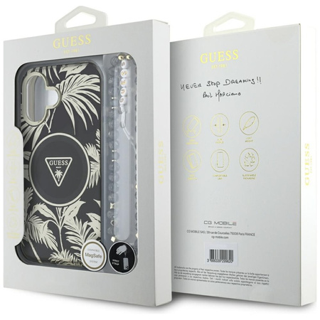 Guess Palm Trees Triangle Pearl Strap MagSafe - Etui do iPhone 16 (czarny) (GUHMP16SHPCTPLSK)