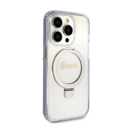 Guess Ring Stand Script Glitter MagSafe - Etui iPhone 15 Pro (przezroczysty) (GUHMP15LHRSGSD)