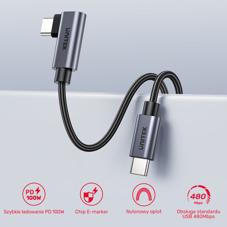 Unitek Kabel USB-C kątowy 90° PD100W 3m - czarny (C14123BK-3M)