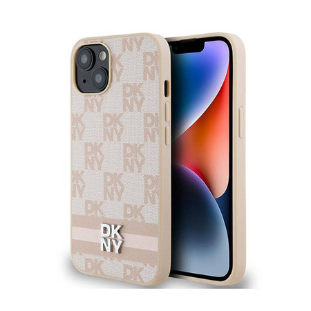 DKNY Leather Checkered Mono Pattern & Printed Stripes - Etui iPhone 15 Plus / 14 Plus (różowy) (DKHCP15MPCPTSSP)