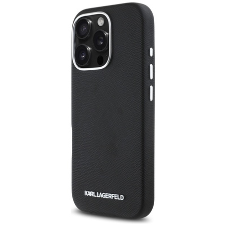 Karl Lagerfeld Saffiano Full Wrapped Elongated Metal Logo MagSafe - Etui do iPhone 16 Pro (czarny) (KLHMP16LPSAFWMCK)