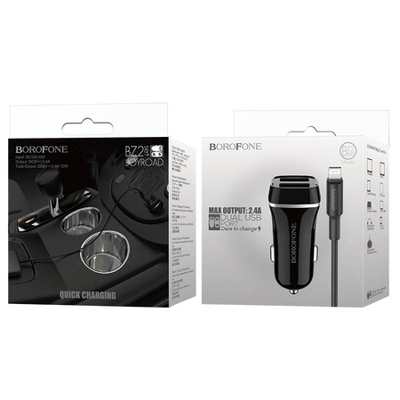 Borofone - ładowarka samochodowa 2x USB kabel Lightning w zestawie, czarny (BFO-BZ2-L-B)