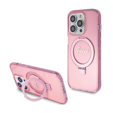 Guess Ring Stand Script Glitter MagSafe - Etui iPhone 15 Pro (różowy) (GUHMP15LHRSGSP)