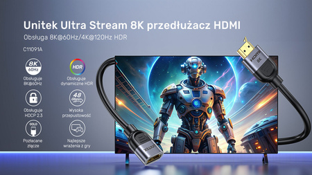 Unitek przedłużacz HDMI (M) - HDMI (F) 2.1, 8K 1m (C11091AGY01-1M)