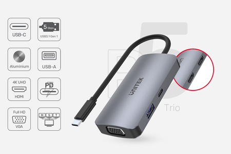 Unitek Hub USB-C 1xUSB 3.1 Gen1 VGA 2xHDMI PD MST (D1051A)