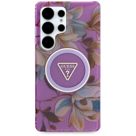 Guess Glitter Flowers Triangle Buttons MagSafe - Etui do Samsung Galaxy S25 Ultra (fioletowy) (GUHMS25LHFLPEDU)