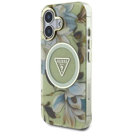 Guess Glitter Flowers Triangle Buttons MagSafe - Etui do iPhone 16 zielony (GUHMP16SHFLPEDN)