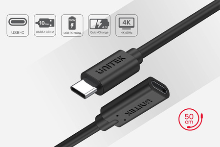 Unitek Kabel Przejściówka Przedłużacz USB-C 10Gbps 4K 60Hz PD 20V/5A (C14086BK)