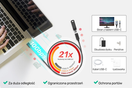 Unitek Kabel Przejściówka Przedłużacz USB-C 10Gbps 4K 60Hz PD 20V/5A (C14086BK)