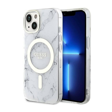 Guess Marble MagSafe - Etui iPhone 14 Plus (Biały) (GUHMP14MPCUMAH)