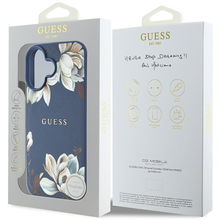 Guess Grained Printed Flower Pattern MagSafe - Etui do iPhone 16 (niebieski) (GUHMP16SPGNMPLMB)