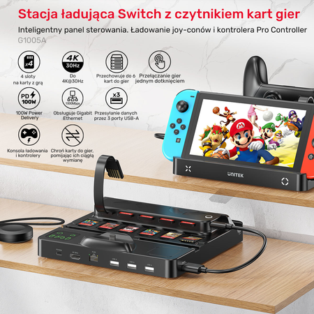 Unitek stacja ładująca Switch z przełącznikiem i czytnikiem kart do gier (G1005ABK01)