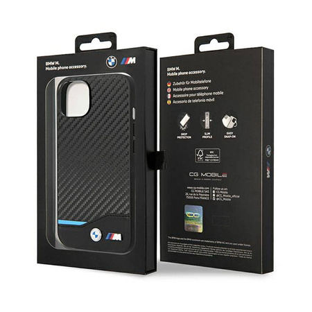 BMW Leather Carbon Blue Line – Etui iPhone 14 (Czarny) (BMHCP14S22NBCK)