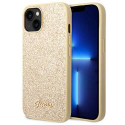 Guess Glitter Flakes Metal Logo Case – Etui iPhone 14 Plus (złoty) (GUHCP14MHGGSHD)