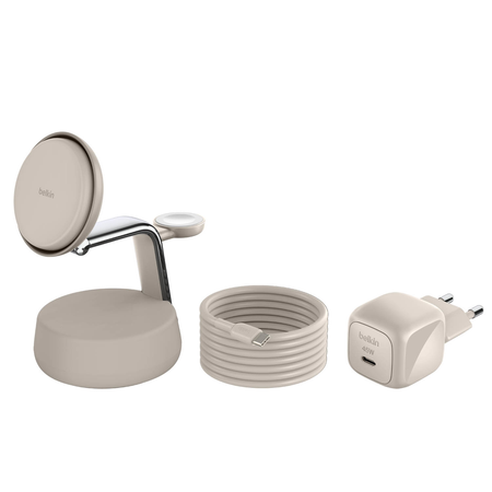Belkin Ładowarka magnetyczna Qi2 25W, 3w1, zasilacz 45W, kremowa (WIZ040KQSD)