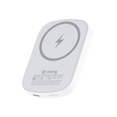 Crong MagSpot Power Bank - Bezprzewodowy power bank ultra slim z MagSafe 5000mAh, USB-C 20W PD (biały) (CRGMSPB5K1WHT)