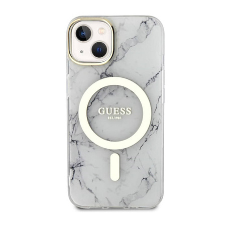 Guess Marble MagSafe - Etui iPhone 14 Plus (Biały) (GUHMP14MPCUMAH)