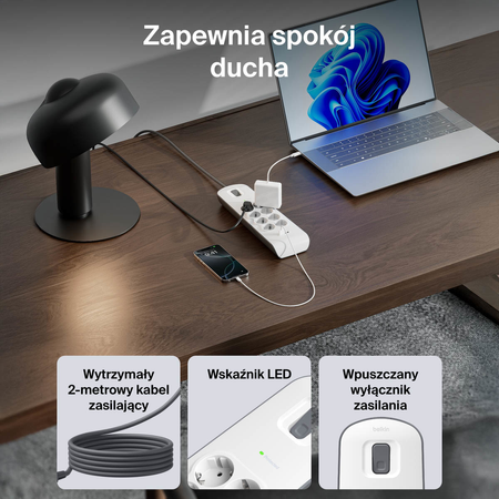 Belkin Listwa zasilająca przeciwprzepięciowa 900J, 8 gniazd Schuko, 2x USB-A, 2m (BSV804VF2M-V2)