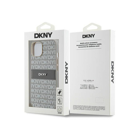 DKNY Leather Mono Stripe & Metal Logo - Etui iPhone 14 / 15 / 13 (beżowy) (DKHCP14SPRTHSLE)