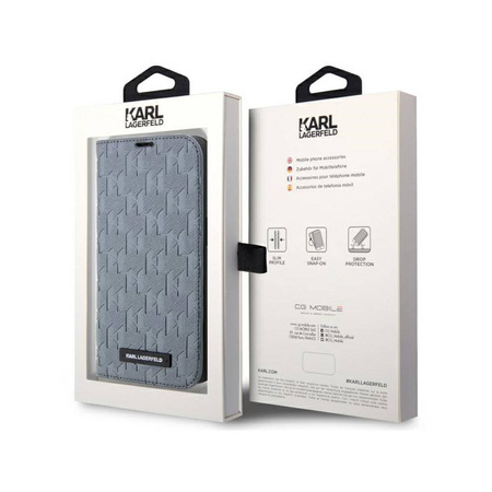 Karl Lagerfeld Booktype Saffiano Monogram - Etui iPhone 14 Pro (Srebrny) (KLBKP14LSAKLHPG)