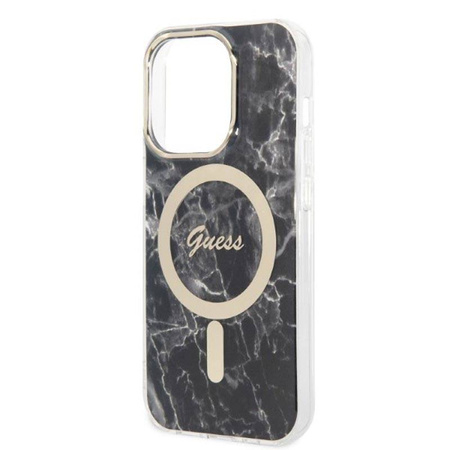 Guess Bundle Pack MagSafe IML Marble - Zestaw etui + ładowarka MagSafe iPhone 14 Pro (czarny/złoty) (GUBPP14LHMEACSK)