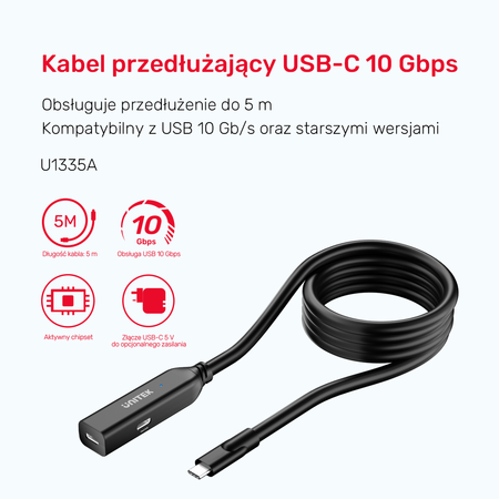 Unitek Kabel przedłużający USB-C 10 Gbps 5m, czarny (U1335ABK01)