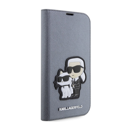 Karl Lagerfeld Booktype NFT Saffiano Karl & Choupette - Etui iPhone 14 Pro Max (Srebrny) (KLBKP14XSANKCPG)