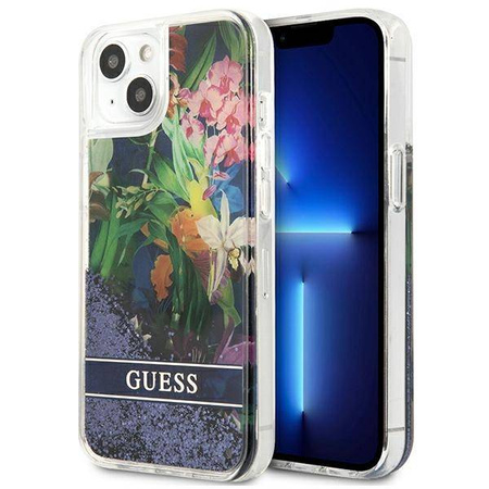 Guess Liquid Glitter Flower – Etui iPhone 13 mini (niebieski) (GUHCP13SLFLSB)