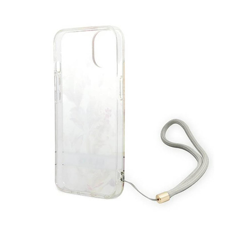 Guess Flower Cord - Etui ze smyczką iPhone 14 Plus (fioletowy) (GUOHCP14MHFLSU)