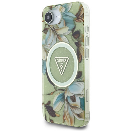 Guess IML Metal Glitter Flowers Triangle MagSafe - Etui do iPhone 16e (zielony) (GUHMPSE4HFLPEDN)