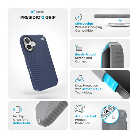 Speck Presidio2 Grip - Etui iPhone 16 (Coastal Blue / Dust Grey / White) (150779-3206)