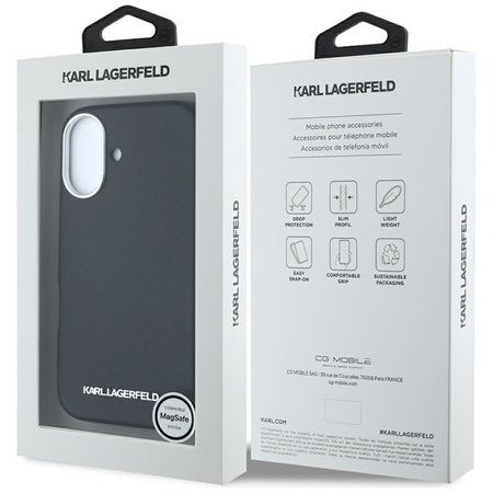 Karl Lagerfeld Saffiano Full Wrapped Elongated Metal Logo MagSafe - Etui do iPhone 16 (czarny) (KLHMP16SPSAFWMCK)