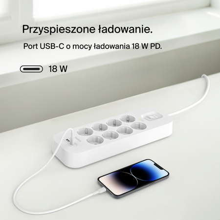 Belkin Listwa antyprzepięciowa 900 J, 8 gniazd Schuko, USB-C PD 18W, USB-A, biała (SRB003VF2M-V2)