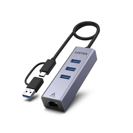 Unitek Hub USB C 4w1 Ethernet 3 x USB A 5 Gbps z adapterem USB A (Y-3088B)