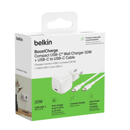 Belkin Ładowarka USB-C PD 30W, mała, biała + kabel USB-C (WCA008KQ1MWH-B6)
