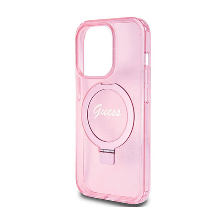 Guess Ring Stand Script Glitter MagSafe - Etui iPhone 15 Pro (różowy) (GUHMP15LHRSGSP)