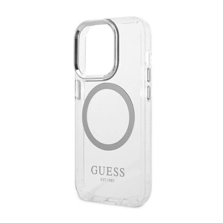 Guess Metal Outline MagSafe - Etui iPhone 14 Pro Max (przezroczysty / srebrny) (GUHMP14XHTRMS)