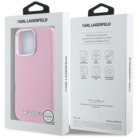 Karl Lagerfeld Saffiano Full Wrapped Elongated Metal Logo MagSafe - Etui do iPhone 16 Pro Max (różowy) (KLHMP16XPSAFWMCP)