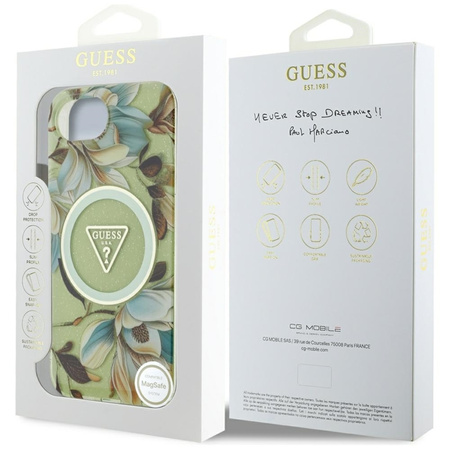 Guess IML Metal Glitter Flowers Triangle MagSafe - Etui do iPhone 16e (zielony) (GUHMPSE4HFLPEDN)