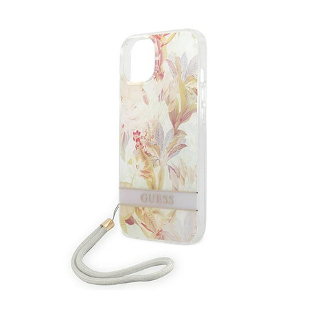 Guess Flower Cord - Etui ze smyczką iPhone 14 Plus (fioletowy) (GUOHCP14MHFLSU)