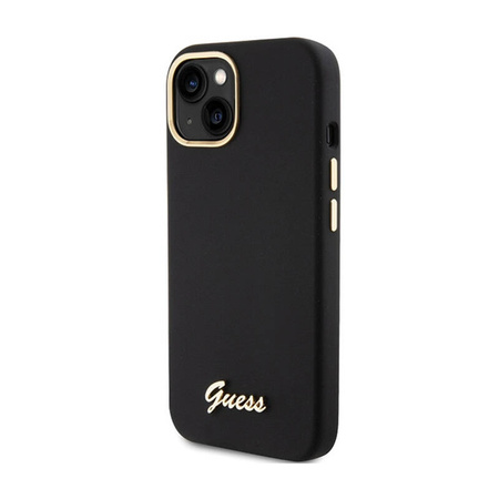 Guess Silicone Script Metal Logo & Frame - Etui iPhone 15 (czarny) (GUHCP15SSMBSLK)