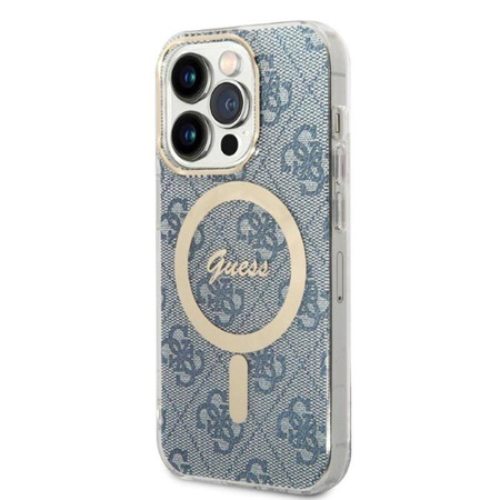 Guess Bundle Pack MagSafe 4G - Zestaw etui + ładowarka MagSafe iPhone 14 Pro (niebieski/złoty) (GUBPP14LH4EACSB)