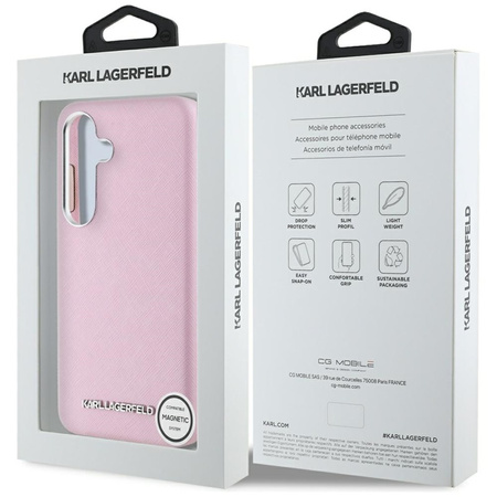 Karl Lagerfeld Saffiano Full Wrapped Elongated Metal Logo MagSafe - Etui do Samsung Galaxy S25 (różowy) (KLHMS25SPSAFWMCP)