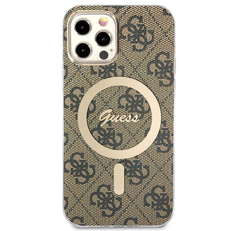 Guess Bundle Pack MagSafe 4G - Zestaw etui + ładowarka MagSafe iPhone 12 / iPhone 12 Pro (brązowy/złoty) (GUBPP12MH4EACSW)