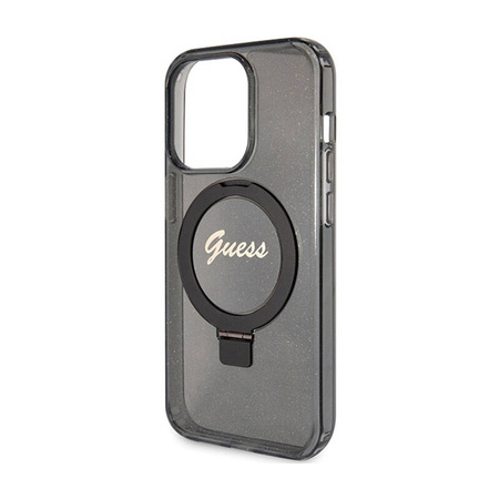 Guess Ring Stand Script Glitter MagSafe - Etui iPhone 15 Pro (czarny) (GUHMP15LHRSGSK)