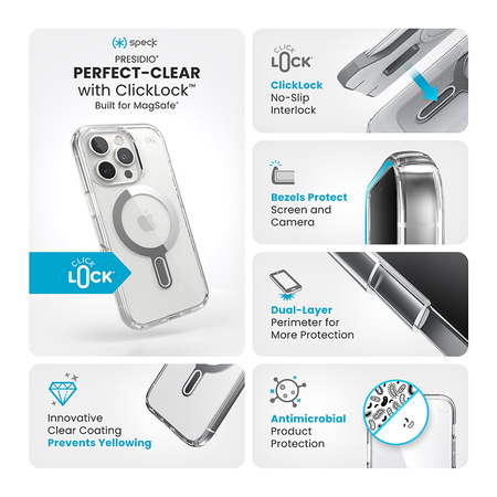 Speck Presidio Perfect-Clear ClickLock & MagSafe - Etui iPhone 16 Pro (Clear / Chrome Finish / Serene Silver) (150703-3199)