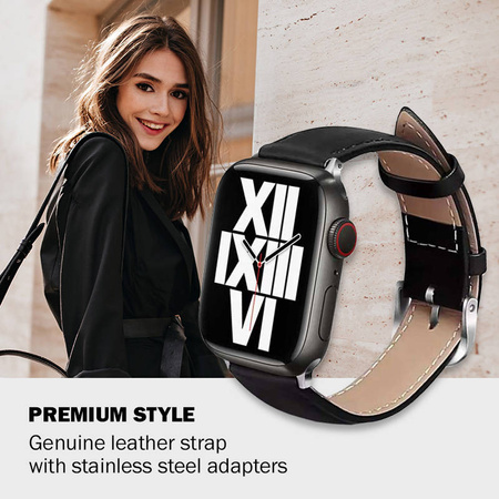 Crong Noble Band - Pasek z naturalnej skóry do Apple Watch 44/45/46/49 mm (Black Noir) (CRG-44NOB-BLK)